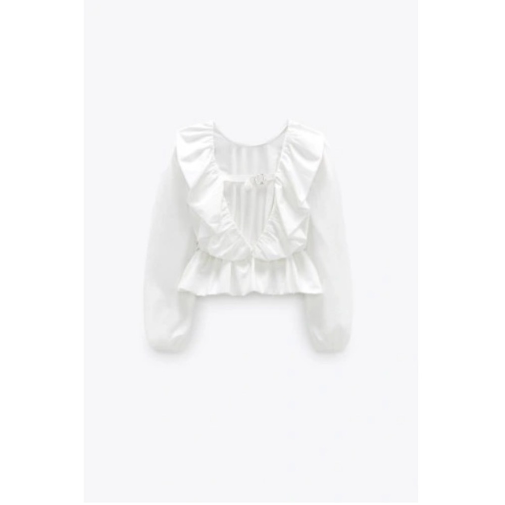 Zara White Long Sleeve Ruffle Open Back Blouse S NWT